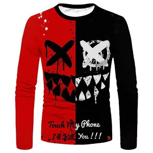 Tシャツ メンズ 男性用 長袖 プリント ポリエステル ラウンドネック プルオーバー 抽象柄 ゆったり 春秋 カジュアル スポーティー