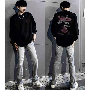 Tシャツ メンズ 男性用 長袖 コットン アルファベット柄 プリント オーバーサイズ ゆったり 春秋 トップス カットソー ブラック系