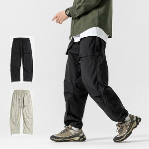 パンツ メンズ ワークパンツ カーゴパンツ ストレート ズボン ミリタリー 裾絞り ゆったり 無地 ウエストゴム ひも付き ポケット付き カジュアル シンプル ブラック オフホワイト