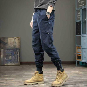 パンツ メンズ カーゴパンツ ワークパンツ ストレート ミリタリー ズボン ボトムス ゆったり ルーズフィット ドローストリング コットン 綿 秋 ブルー ブラック 黒 カーキ イエロー