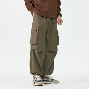 カーゴパンツ メンズ ワークパンツ アウトドア テーパードパンツ ドローストリング 無地 春秋 薄手 ポリエステル ブラック 冷灰緑