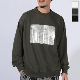 メンズ オーバーサイズ ゆったり 裏毛 トレーナー スウェット プルオーバー クルーネック ラメ シルバー 箔プリント ロゴ シンプル 韓国 ストリート 白 グレー 黒 ホワイト チャコール ブラック 春服 秋服 20代 30代 40代 レディース M L ラグスタイル aa-3458