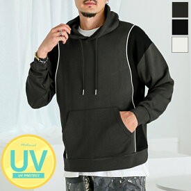メンズ 切り替え 切替 パイピング バイカラー パーカー フーディ 長袖 UVカット 紫外線対策 日焼け防止 ストレッチ 伸縮性 レーヨン 柔らかい 大きいサイズ ゆったり ソフトダンボール 白 黒 ホワイト ブラック チャコール グレー 春 夏 秋 M L XL LL 2L aa-3737