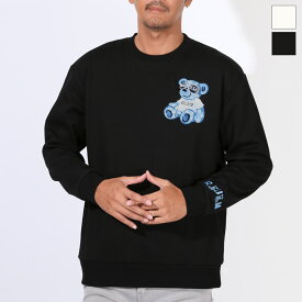 【送料無料】トレーナー スウェット メンズ オーバーサイズ ダブルフェイス ゆったり テディベア 刺繍 ワンポイント ロゴ 丸首 クルーネック 韓国 おしゃれ 白 黒 ホワイト ブラック 春服 秋服 20代 30代 40代 M L XL レディース aa-3740