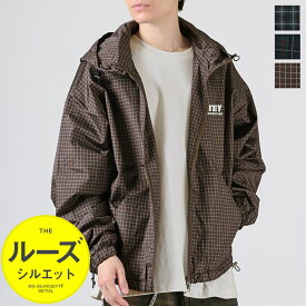 【送料無料】フードブルゾン ジャケット ライトアウター ブルゾン メンズ レディース フード付き シャカシャカ パーカー フルジップ ウィンドブレーカー マウンテンパーカー 総柄 チェック柄 レトロ オーバーサイズ ビッグシルエット 軽量 韓国ファッション M L aa-3798