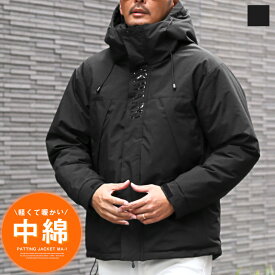 【送料無料】メンズ アウター フェイクダウン 中綿ジャケット マウンテンパーカー 暖か あったか 撥水 防風 防寒 ロゴ プリント 厚手 大きいサイズ フード付き ドローコード おしゃれ 黒 ブラック 秋服 冬服 20代 30代 40代 50代 60代 M L XL LL aa-3801