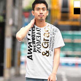 【箔プリントロゴ半袖Tシャツ】半袖Tシャツ トップス カットソー 英字 プリント クルーネック モノトーン ストリート カジュアル ユニセックス Tシャツ メンズ 半袖 ロゴ 箔プリント ゴールド aa-2486