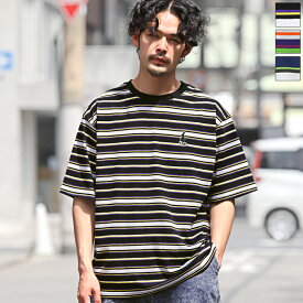 Tシャツ メンズ レディース 半袖【マルチボーダーワンポイント刺繍半袖Tシャツ】ユニセックス カジュアル ストリート 韓国 古着風 夏 90s レトロ ワッペン 刺繍 ワンポイント マルチボーダー ビッグシルエットボーダー 半袖Tシャツ aa-2526