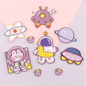 7点セット 女の子 ポップ 宇宙 旅行 惑星 UFO ウサギちゃん うさぎ アップリケ 刺繍 ワッペン パッチ ャ 手作り DIY 衣類 手芸用 装飾 アイロン 補修 貼り付け 縫い付け 裁縫 縫製 素材 星 雲