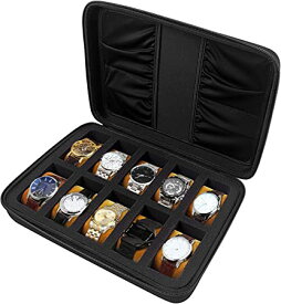 10スロット 腕時計ボックス オーガナイザー メンズ 腕時計 ディスプレイ 収納ケース 42mmまでのすべての腕時計とスマートウォッチにフィット 予備の4ポケット付き (ブラック)