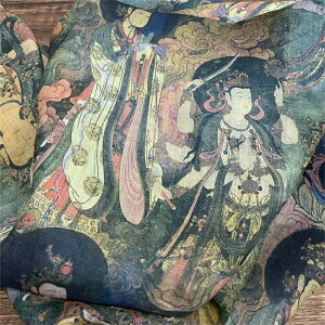 送料無料 135cm幅 90cm単位 生地 布 布地 きじ ぬの 手作り生地 服地 裁縫 DIY用生地 手芸用 ハンドメイド向け からむし 苧麻 プリント 仏像柄 ネイビー カラフル