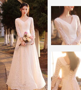 送料無料 ウエディングドレス パーティードレス カジュアル ビーチフォト 前撮り 後撮り フォトウエディング 花嫁ドレス 長袖 レース Vネック マキシスカート 森ガール系 シンプル ナチュラ