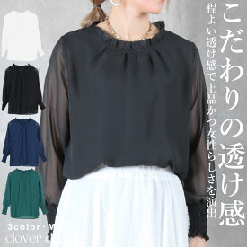 ＜半額クーポンで2490円!＞即納 シアースリーブ シースルースリーブ トップス カットソー シフォン 袖シースルー 袖透け感 オケージョン ブラウス オフィス カジュアル きれいめ シャツ 上品 高見え 春 ネイビー ブラック 白 秋服 オフィスウェア 服