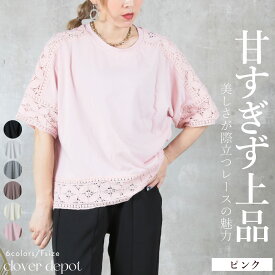 ＜半額クーポンで1790円!＞即納 tシャツ 半袖 刺繍 袖 袖レース カットソー ブラウス トップス レース uネック クールネック ブラウス 半袖 5分袖 レディース ゆったり 抜け感 シースルー 無地 夏 夏服 カジュアル きれいめ 上品 伸縮性 30代 40代 M L 服