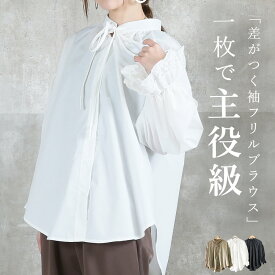 ＜注目！45％OFFクーポンで3839円!＞ゆったり フリル ブラウス シャツ トップス カットソー 袖レース で上品 洗える 重ね着OK 黒 30代 40代 50代 秋服 服 お出かけ 大きいサイズ 着回し シンプル オケーション フォーマル 黒