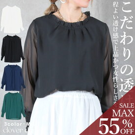 ＜45％OFFクーポンで2739円!＞即納 シアースリーブ シースルースリーブ トップス カットソー シフォン 袖シースルー 袖透け感 オケージョン ブラウス オフィス カジュアル きれいめ シャツ 上品 高見え 春 ネイビー ブラック 白 秋服 オフィスウェア 服