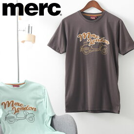 メルクロンドン メンズ Tシャツ タオル地ロゴ＋スクーター プリントTシャツ Merc London 2色 ダークブラウン シーグリーン レトロ ギフト トラッド