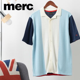 メルクロンドン メンズ ポロシャツ ボタンスルー ニット ストライプ キャンプカラー 開襟 ブルー ブロックカラー Merc London モッズファッション ギフト トラッド