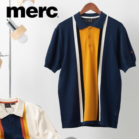 メルクロンドン メンズ ニットポロシャツ 半袖 ストライプ ダークブルー バニラ レトロ Merc London モッズファッション ギフト トラッド