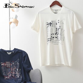 Ben Sherman ベンシャーマン メンズ Tシャツ ブライトンフラッグプリント アイボリー マリン オーガニックコットン レギュラーフィット イギリス 国旗 手書き風イラスト ギフト トラッド
