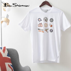 Ben Sherman ベンシャーマン メンズ Tシャツ ステッカーパックプリント 半袖 ホワイト オーガニックコットン レギュラーフィット イギリス ギフト トラッド