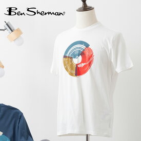 Ben Sherman ベンシャーマン メンズ Tシャツ 半袖 ミュージックマッシュプリント ブルーデニム アイボリー グラフィック オーガニックコットン レギュラーフィット クルーネック ギフト トラッド