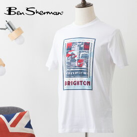 Ben Sherman ベンシャーマン メンズ Tシャツ 半袖 トレインポスタープリント ホワイト グラフィック オーガニックコットン レギュラーフィット クルーネック ギフト トラッド