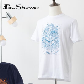 Ben Sherman ベンシャーマン メンズ Tシャツ 半袖 ロンドンブライトンプリント マリン ホワイト グラフィック オーガニックコットン レギュラーフィット クルーネック イギリス ギフト トラッド