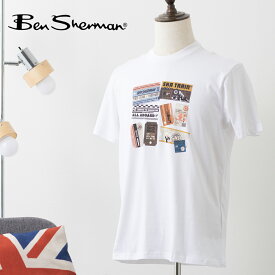 Ben Sherman ベンシャーマン メンズ Tシャツ 半袖 トレインチケットプリント ホワイト グラフィック オーガニックコットン レギュラーフィット クルーネック イギリス ギフト トラッド