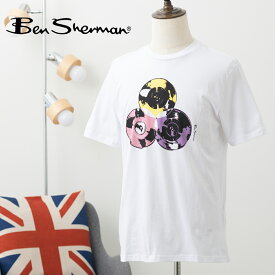 Ben Sherman ベンシャーマン メンズ Tシャツ 半袖 ドロップニードル レコード 新作 ホワイト コットン レギュラーフィット クルーネック ユニセックス イギリス ギフト トラッド