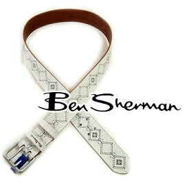 ベンシャーマン Ben Sherman メンズ 本革 レザー ベルト ベンシャーマン Ben Sherman ホワイト ブラック POINTELLE LETHER BELT 幾何学 バックル UK モッズ モッズファッション モッズ系 *m *l t608 ギフト トラッド