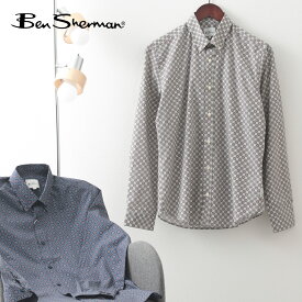 ベンシャーマン Ben Sherman メンズ 長袖シャツ ジオフラワー プリントシャツ 2色 アイボリー ネイビースリムフィット ボタンダウン ギフト トラッド