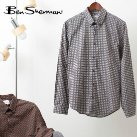 ベンシャーマン メンズ 長袖シャツ ミニフーラードプリント Ben Sherman キャラメル アイボリー スリムフィット ボタンダウン 男性 ギフト トラッド