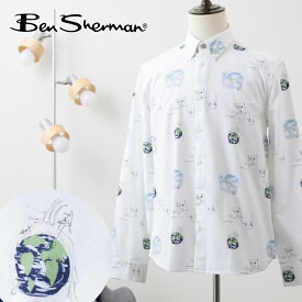 ベンシャーマン Ben Sherman ジョンレノンコラボ スケッチプリント 長袖シャツ ホワイト 2023 新作 イラスト クラシックフィット ボタンダウン コットン メンズ 男性 プレゼント ギフト