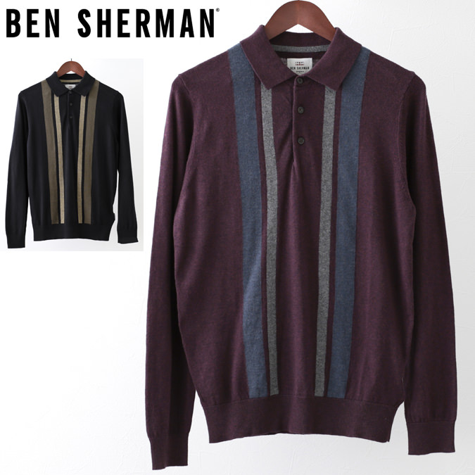 ベンシャーマン Ben Sherman ロングポロシャツ カラーブロック メリノウール 2色 ブラック ワイン メンズ ギフト トラッド