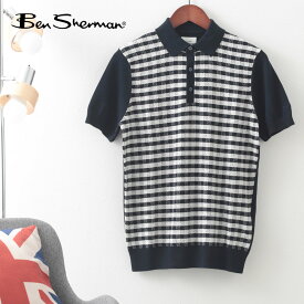 Ben Sherman メンズ ポロシャツ ジャカード織り ポロ チェック ベンシャーマン コットン レトロ ダークネイビー レギュラー フィット ギフト モッズ トラッド