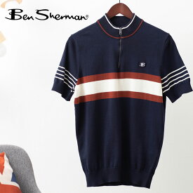 Ben Sherman メンズ ポロシャツ 半袖ポロ ジップネック ベンシャーマン ストライプ マリン サイクリングニット コットン レトロ レギュラーフィット ギフト モッズ トラッド