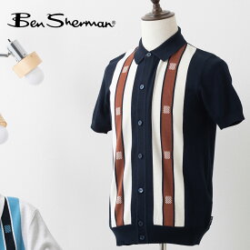 Ben Sherman メンズ 半袖ポロシャツ ニットポロ ボタンスルー ベンシャーマン ヴァーティカルストライプ ダークネイビー アイボリー コットン レトロ レギュラーフィット ギフト モッズ トラッド