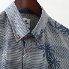 ベンシャーマンメンズ半袖シャツストライプパームヤシの木BenSherman19SS新作ダークブルーレギュラーフィットプレゼントギフト