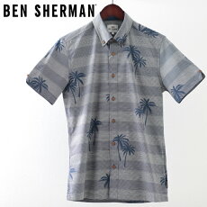 ベンシャーマンメンズ半袖シャツストライプパームヤシの木BenSherman19SS新作ダークブルーレギュラーフィットプレゼントギフト
