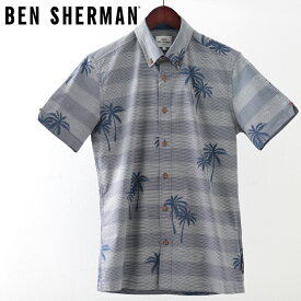 ベンシャーマン メンズ 半袖シャツ ストライプ パーム ヤシの木 Ben Sherman ダークブルー レギュラーフィット ギフト トラッド