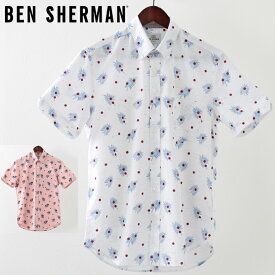 ベンシャーマン メンズ 半袖シャツ カラーネップ パーム スキャッター ヤシの木 Ben Sherman 2色 スノーホワイト ライトピンク レギュラーフィット ギフト トラッド
