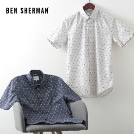 ベンシャーマン メンズ 半袖シャツ デジ 20s Ben Sherman ジオメトリック 幾何学模様 2色 スノーホワイト ダークネイビー スリムフィット ギフト トラッド