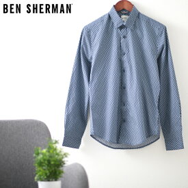 ベンシャーマン メンズ 長袖シャツ ペイズリー ファイン ジオ 幾何学模様 20s Ben Sherman ダークネイビー スリムフィット ギフト トラッド