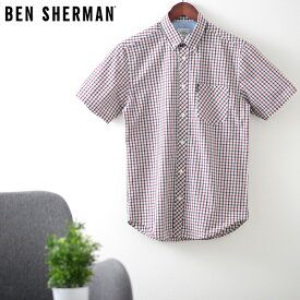 ベンシャーマン メンズ 半袖シャツ ハウスチェック シグネチャー 20s Ben Sherman レッド レギュラーフィット ギフト トラッド