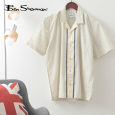 ベンシャーマンメンズ半袖シャツドットプリント21SS新作BenShermanアイボリーコットンリラックスフィット開襟シャツギフトトラッド