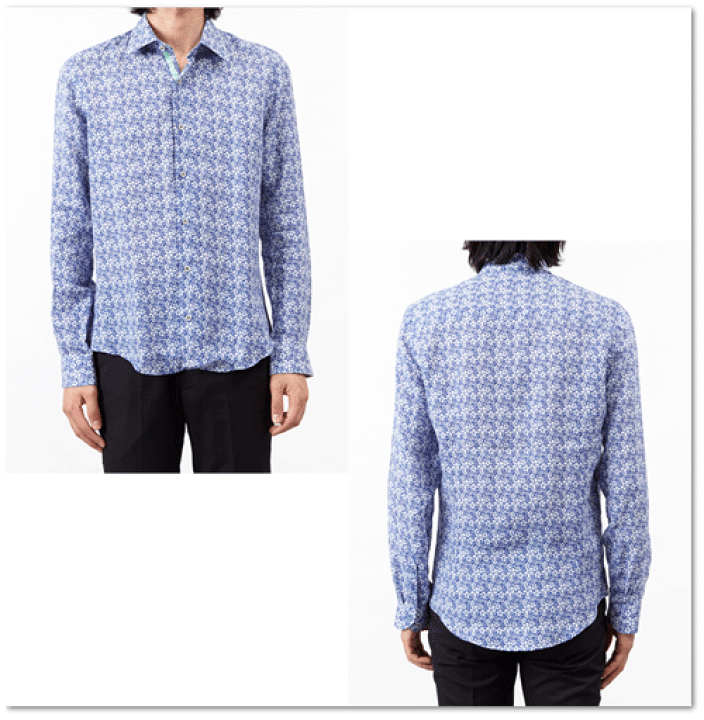 &エルシー花鳥プリント 長袖シャツ ワイシャツ プリント 花柄 草木、ボタニカル ブルー LOUIS & CLERK