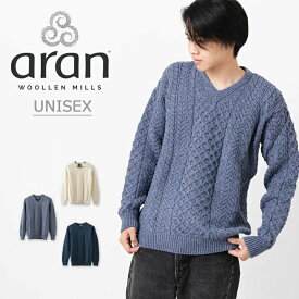 ARAN WOOLLEN MILLS ユニセックス メリノウール Vネック セーター レディース メンズ アランウーレンミルズ ローゲージ ニット ホワイト ブルー メンズ ギフト キャレイグ・ドン CARRAIG DONN トラッド