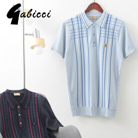 Gabicci メンズ ポロシャツ ポロ ガビッチ クロスストライプ チェック ニット レトロ 2色 アイス ネイビー モッズファッション Gバッジ 3ボタン ギフト トラッド