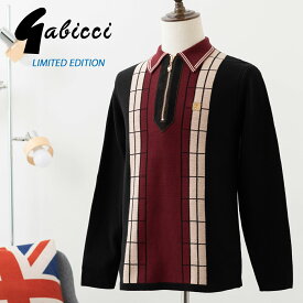 Gabicci メンズ ニットポロシャツ 長袖 ハーフジップ ガビッチ ブラック テクスチャーパネル レトロ モッズファッション 上品 ギフト トラッド